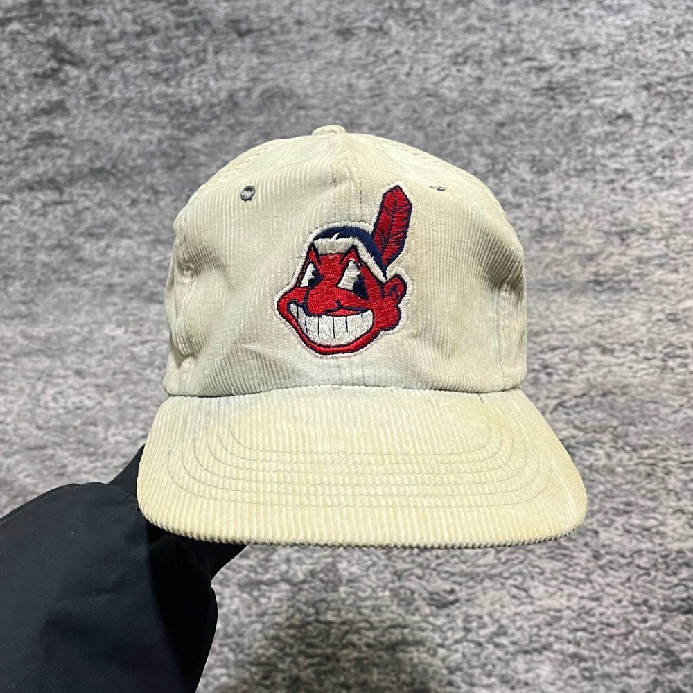 Vintage 90s Cleveland Indians Corduroy Snapback Hat Embroidered‎ Logo Adjustable